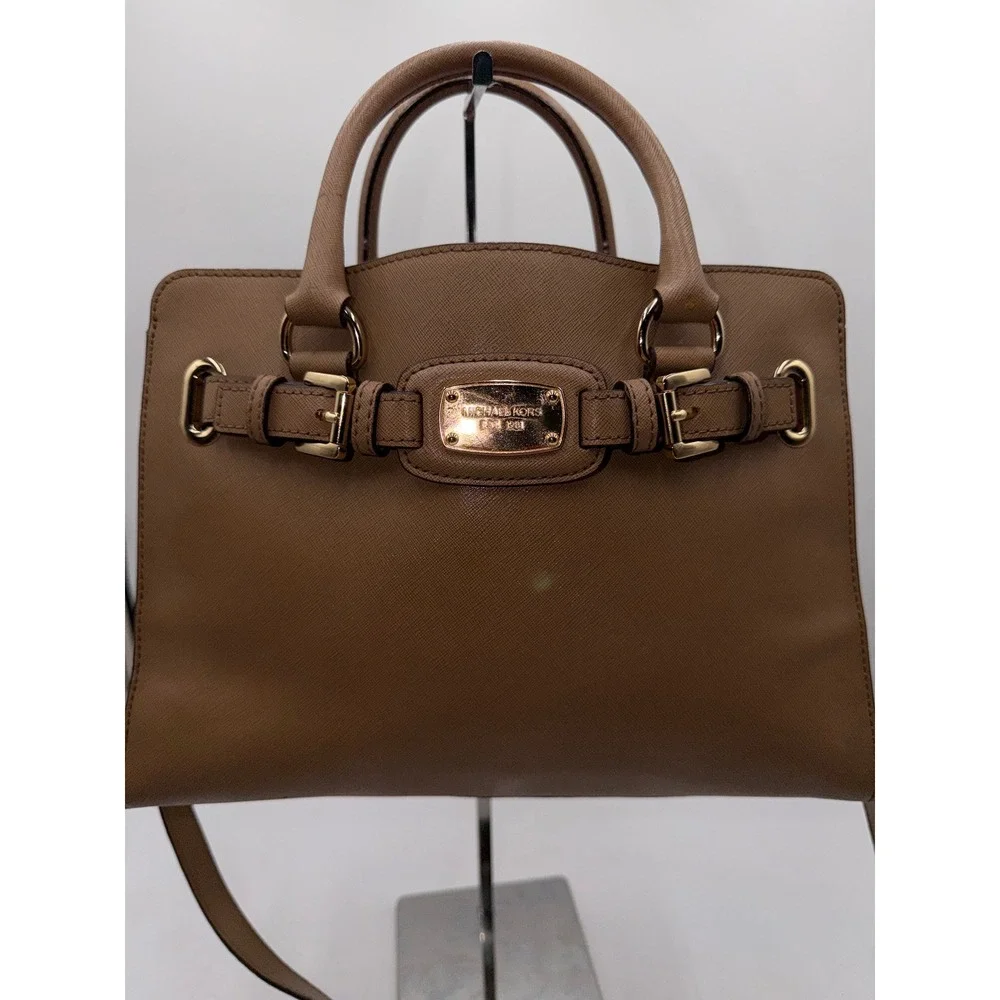 Michael Kors Hamilton Satchel Luggage Brown Saffiano Leather Handbag Gold Tone